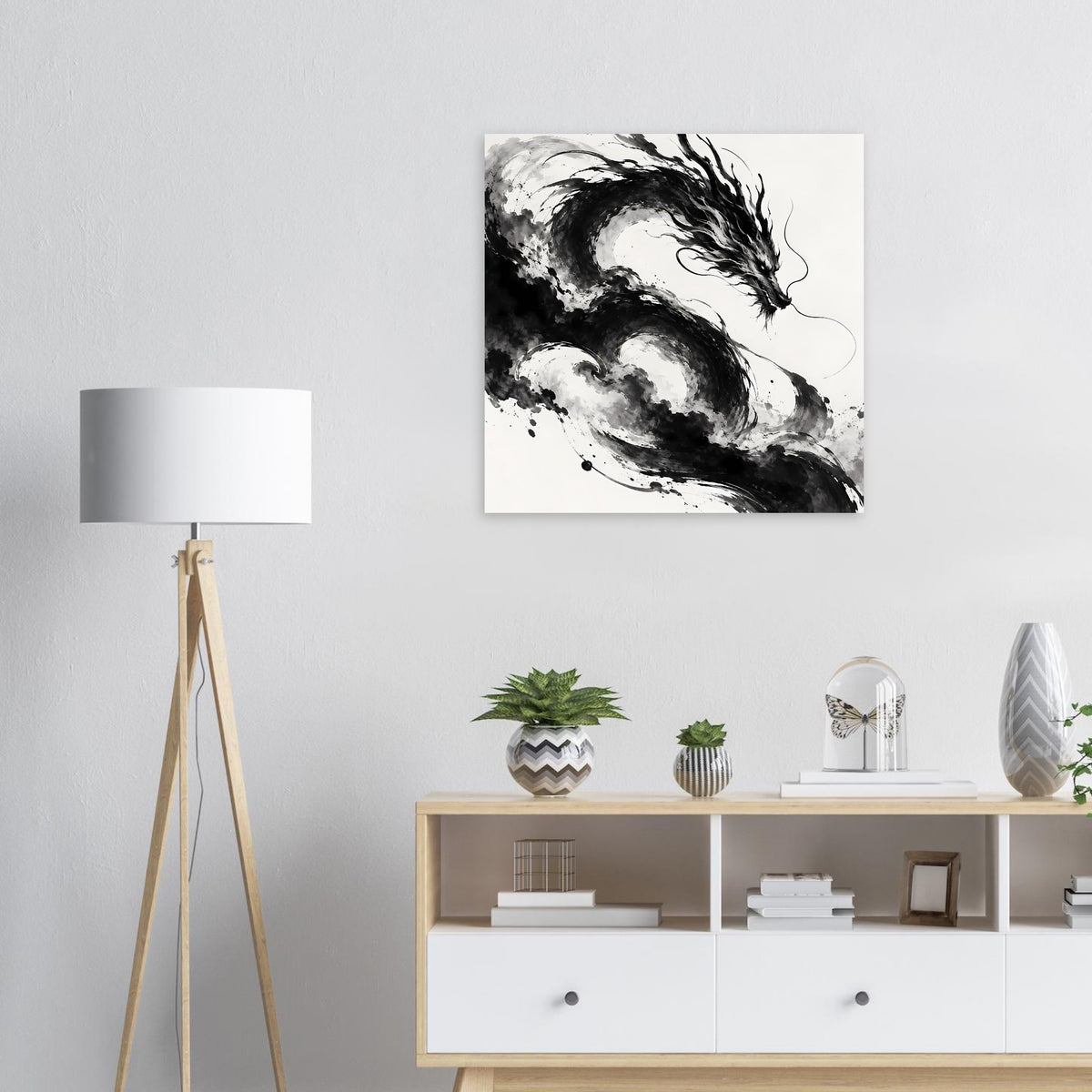 Schwarzweiß-Drachenkunst-Poster im weißen Rahmen, quadratisches Format