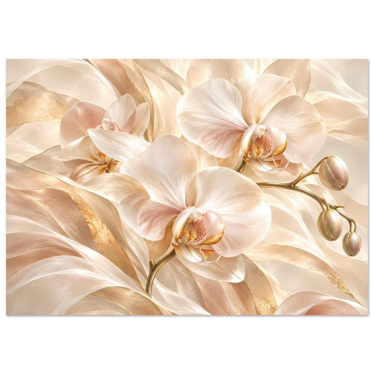 Orchideenposter im Querformat mit cremefarbenen Orchideen und gold schimmernden Adern