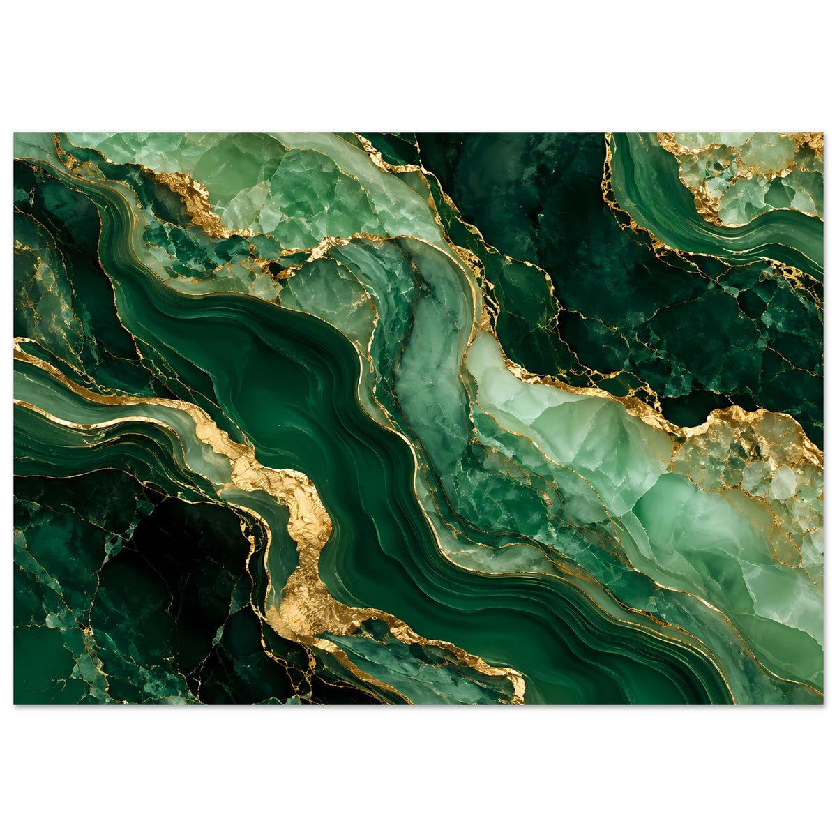 Abstraktes Luxusposter mit smaragdgrünem Marmormuster und goldenen Adern, Querformat