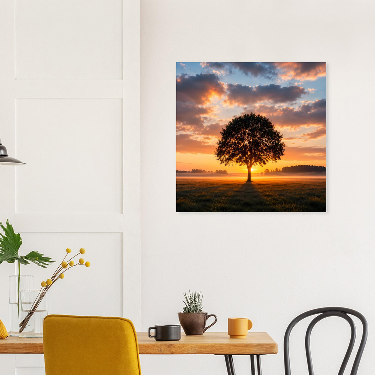 Quadratisches Poster mit einsamem Baum in Sonnenuntergang, über Sideboard
