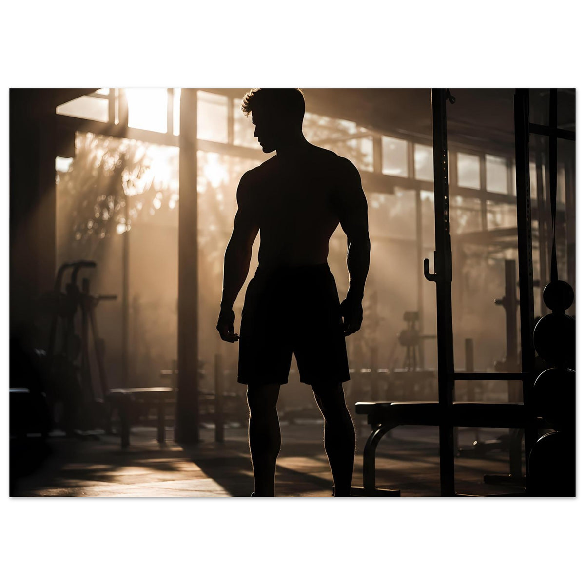 Fitness-Poster mit dunkler Sportler-Silhouette, seitliche Perspektive, Ganzkörper