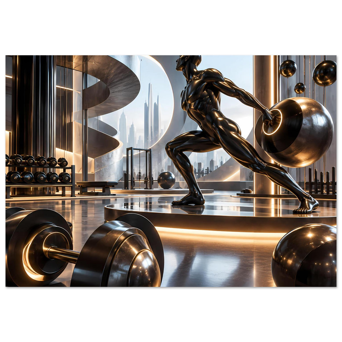 Fitness-Poster: goldfarbene Sportstatue, Hantelscheiben und beleuchtete Trainingsbank