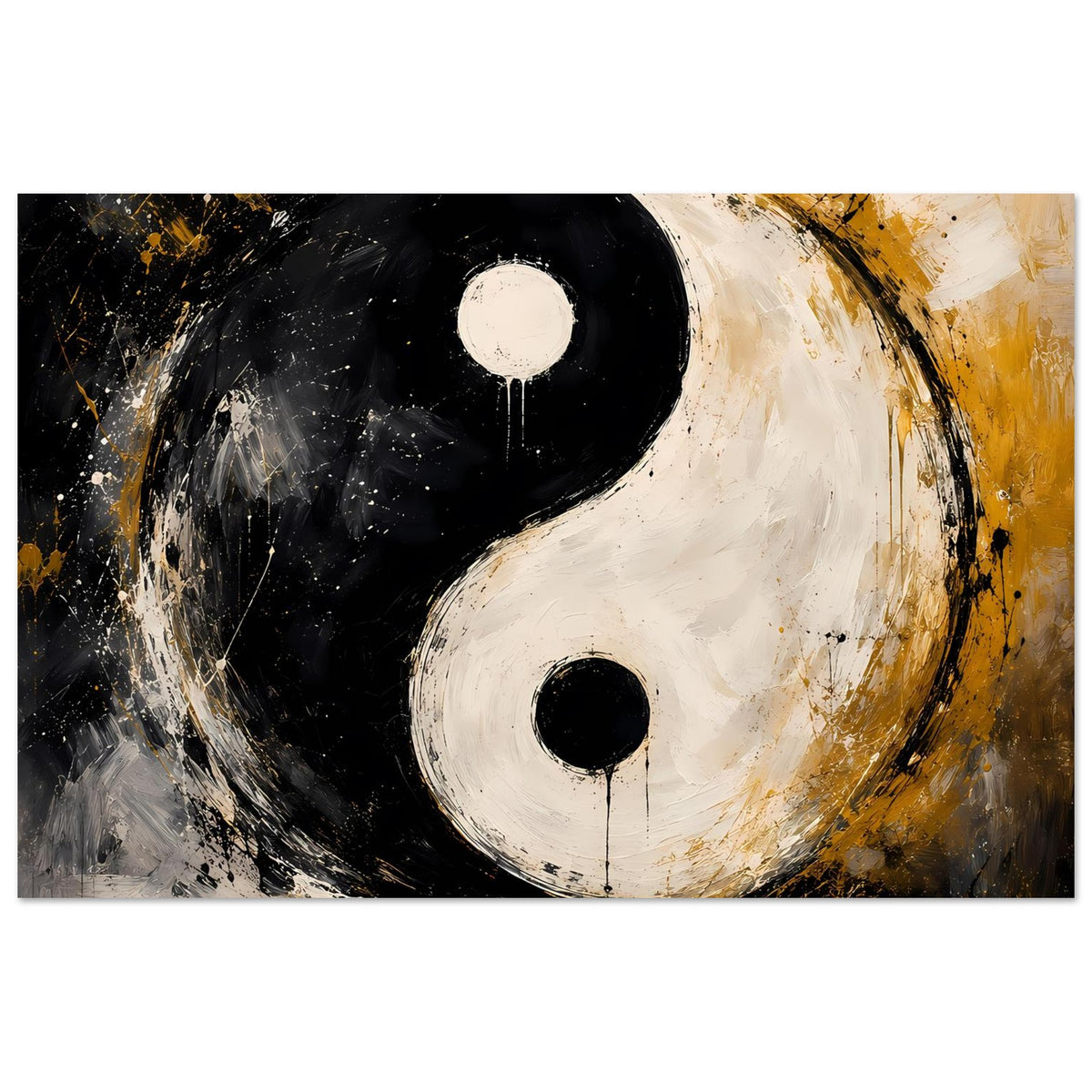 Abstraktes Yin-Yang-Poster: Yin- und Yang-Form in Schwarz, Weiß und goldfarbenen Sprenkeln
