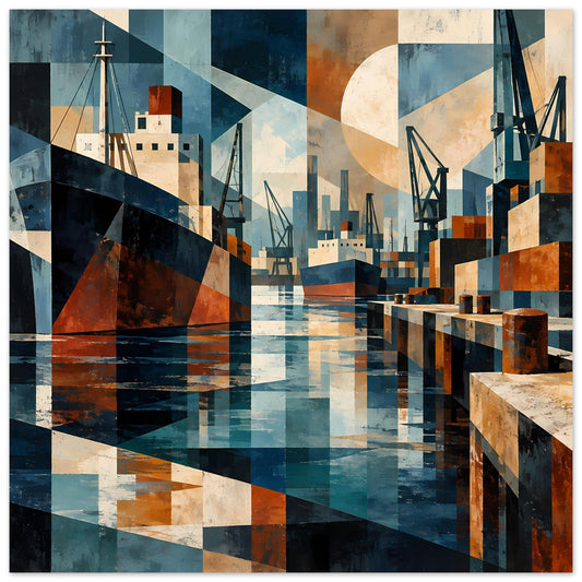 Geometrisches Hafenposter mit Docks, Kranen und Wasserfläche in Blau- und Erdtönen