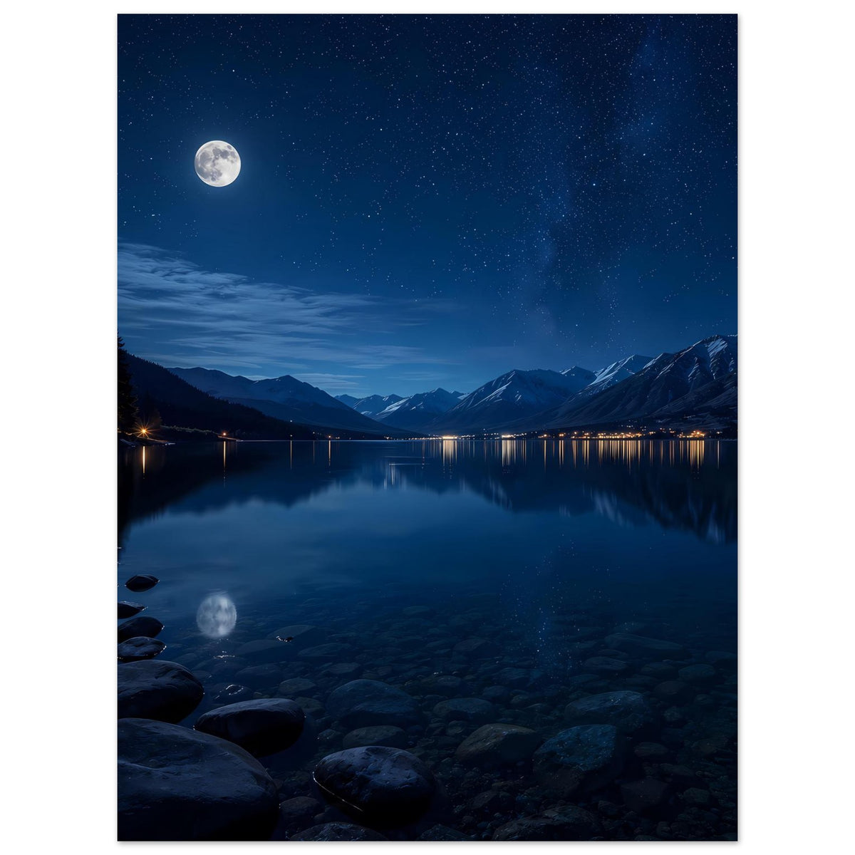 Poster mit Mond über Bergsee, spiegelndem Wasser und felsigem Ufer im Nachtblau