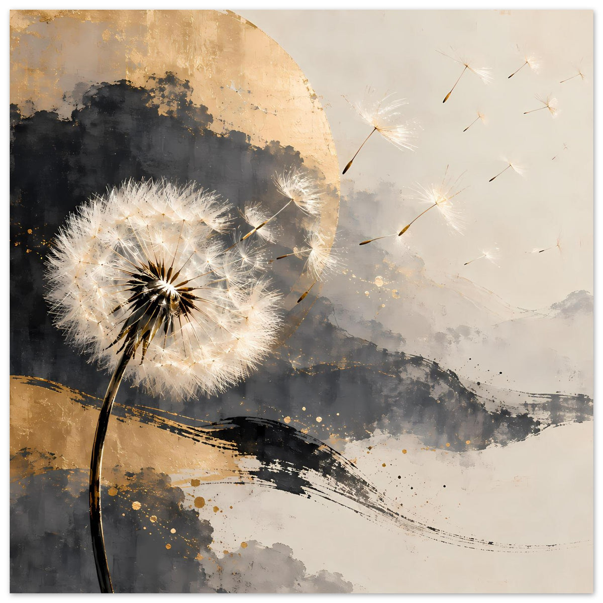 Kunstposter Pusteblume, warme Gold- und Grautöne, abstrakte Kreise und Linien