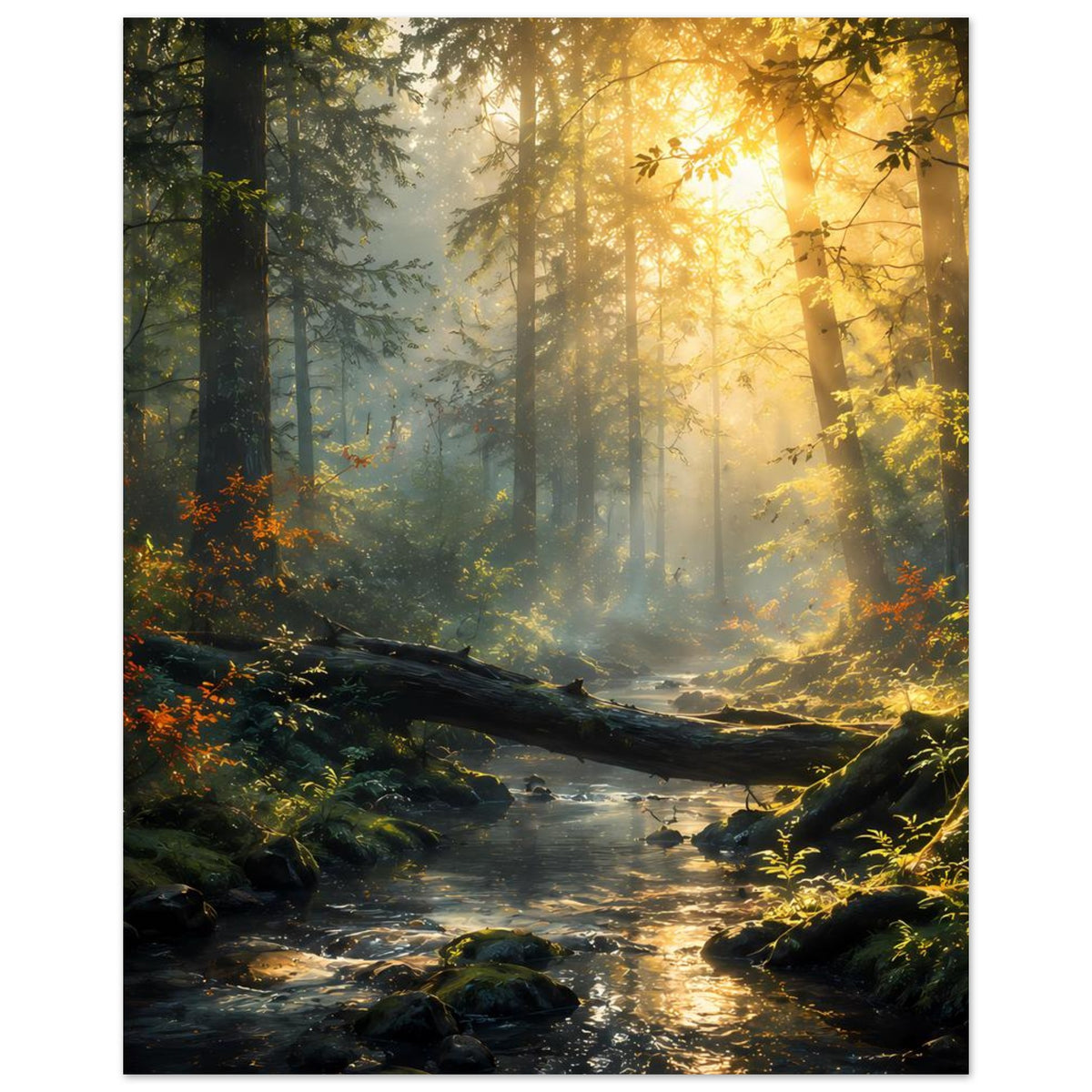 Poster im Hochformat: Waldlichtung mit Bach und Sonnenstrahlen, goldene Stimmung