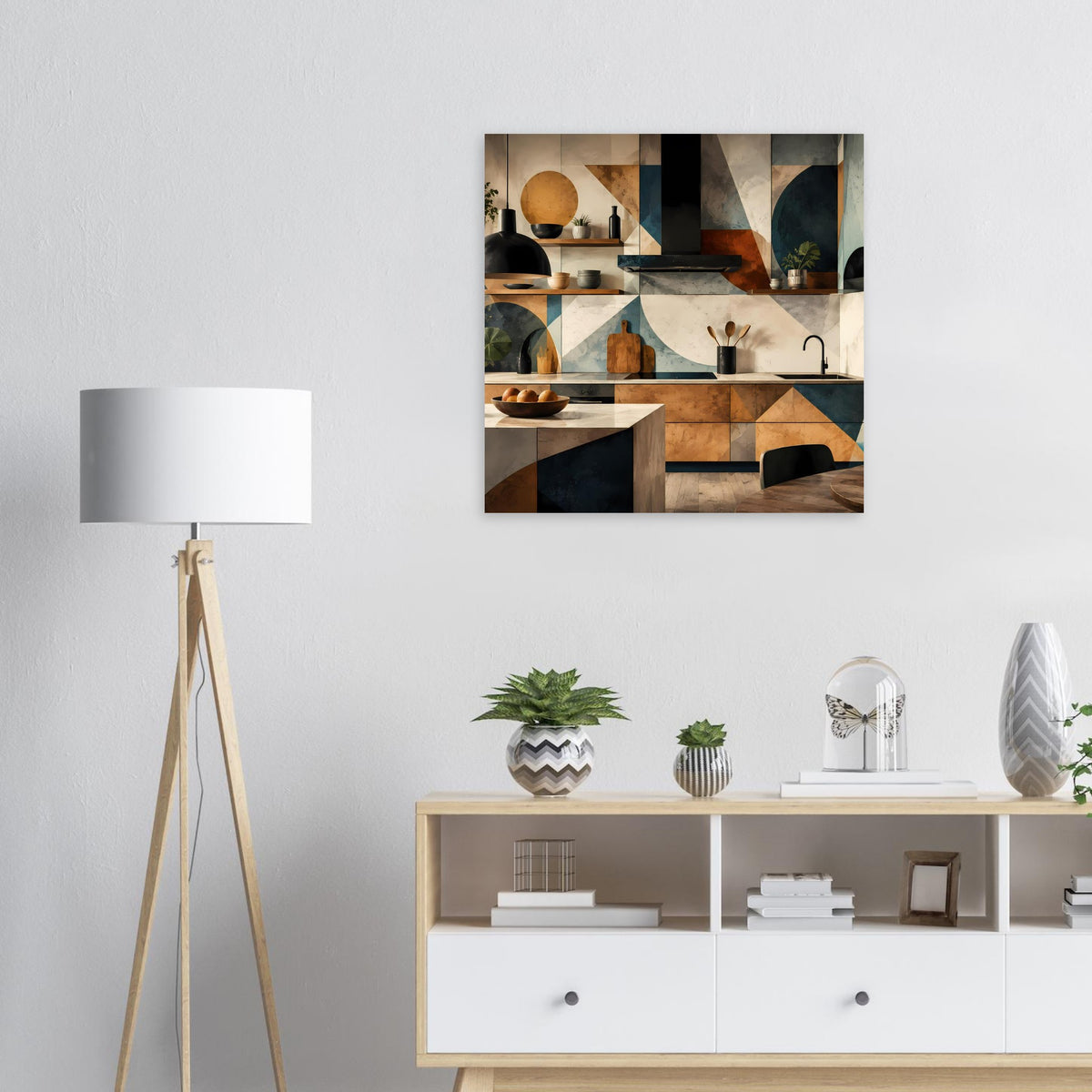 Geometrisches Küchenkunstposter mit abstrakter Küchenansicht, quadratisch an der Wand