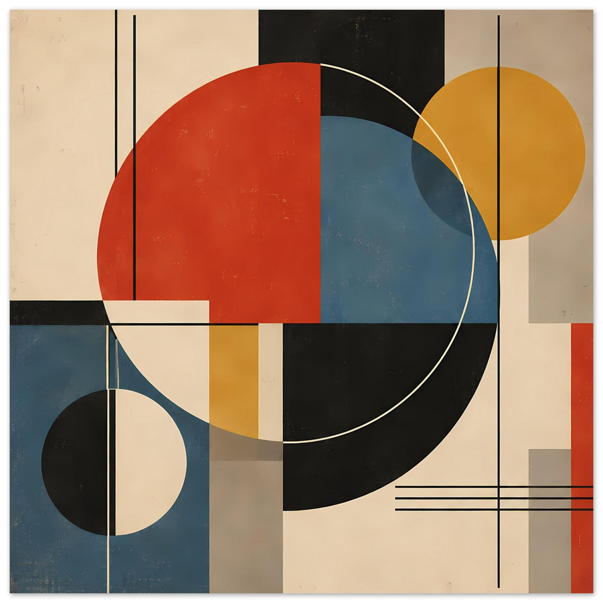 Geometrisches Kunstposter mit großen Kreisring-Elementen, Vertikallinien und Farbfeldern in Rot und Blau.