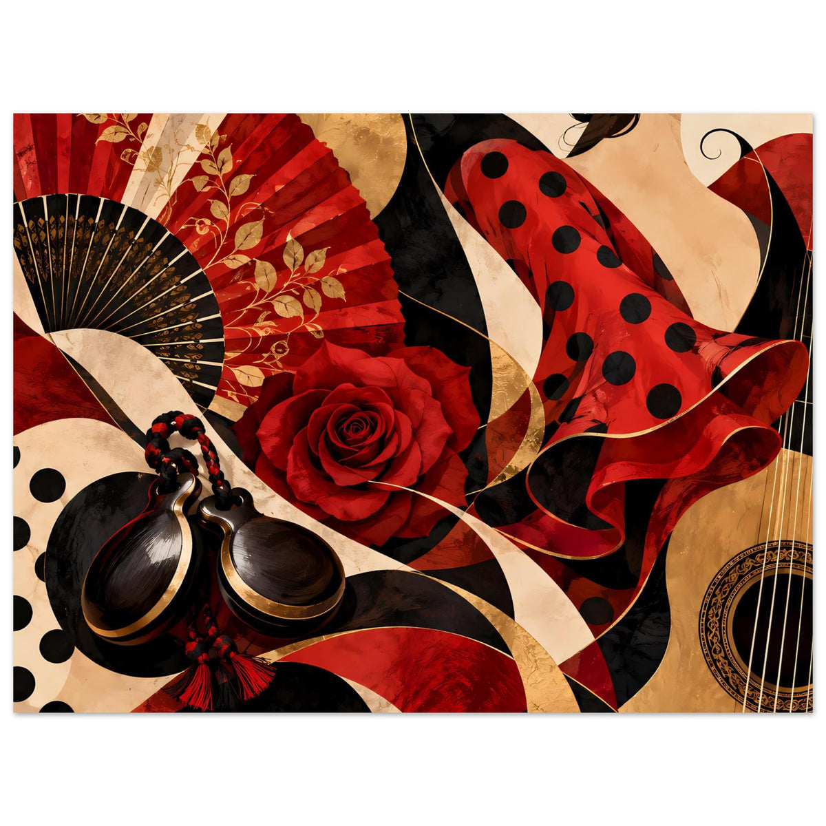 Flamenco-Poster mit Fächer, roter Rose und Polka-Dot-Schleppe, querformat