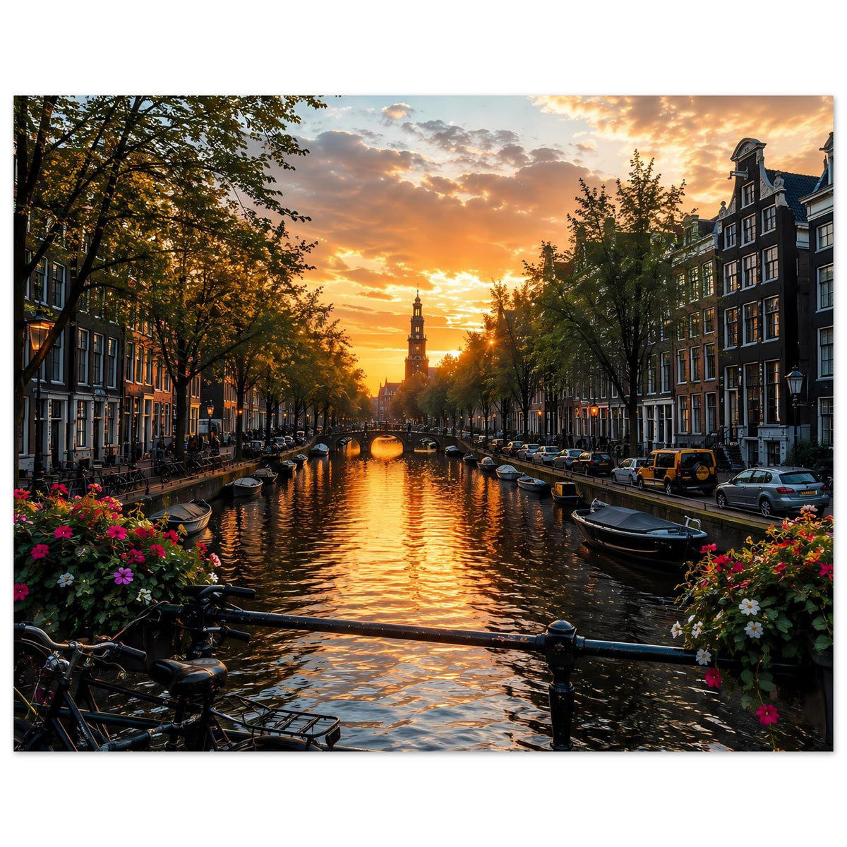Poster am Amsterdamer Kanal bei goldenem Sonnenuntergang, Boote und Fahrräder