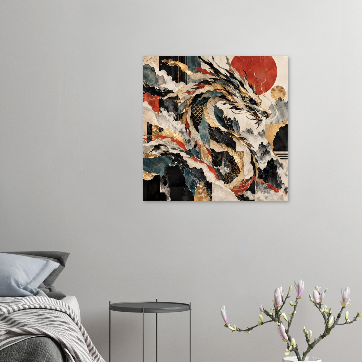 Kleines Drachen-Poster im Rahmen, abstrakt mit Gold- und Rottönen, quadratisch