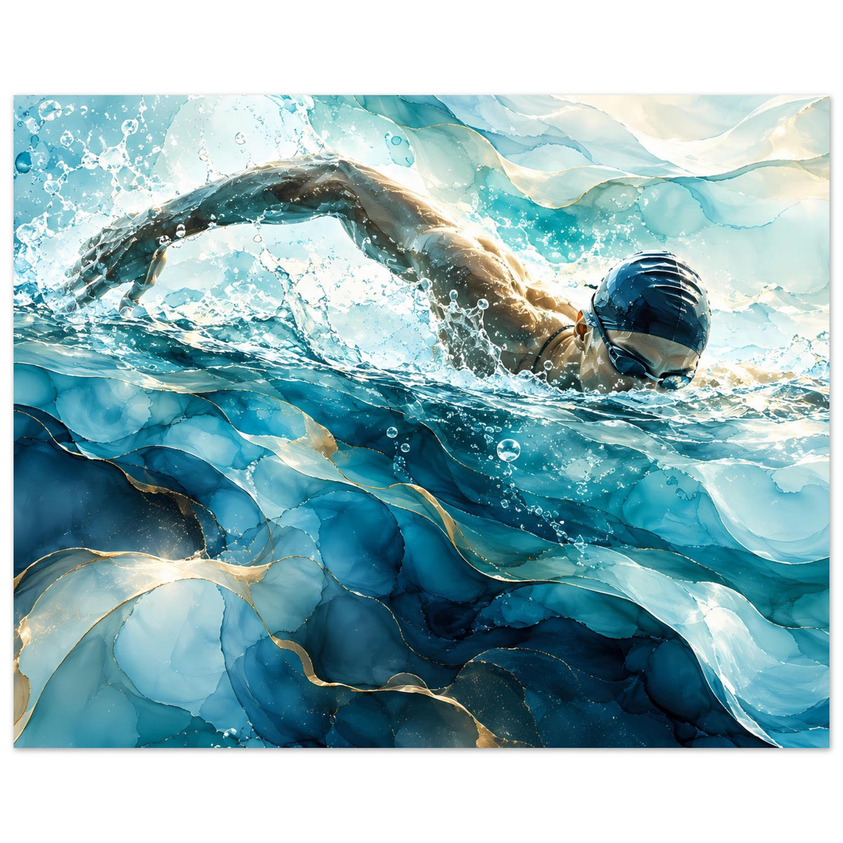 Schwimmer-Poster im Blau: Nahsicht auf Taucher im Wasser, sprudelnde Wellen und Blau-Töne