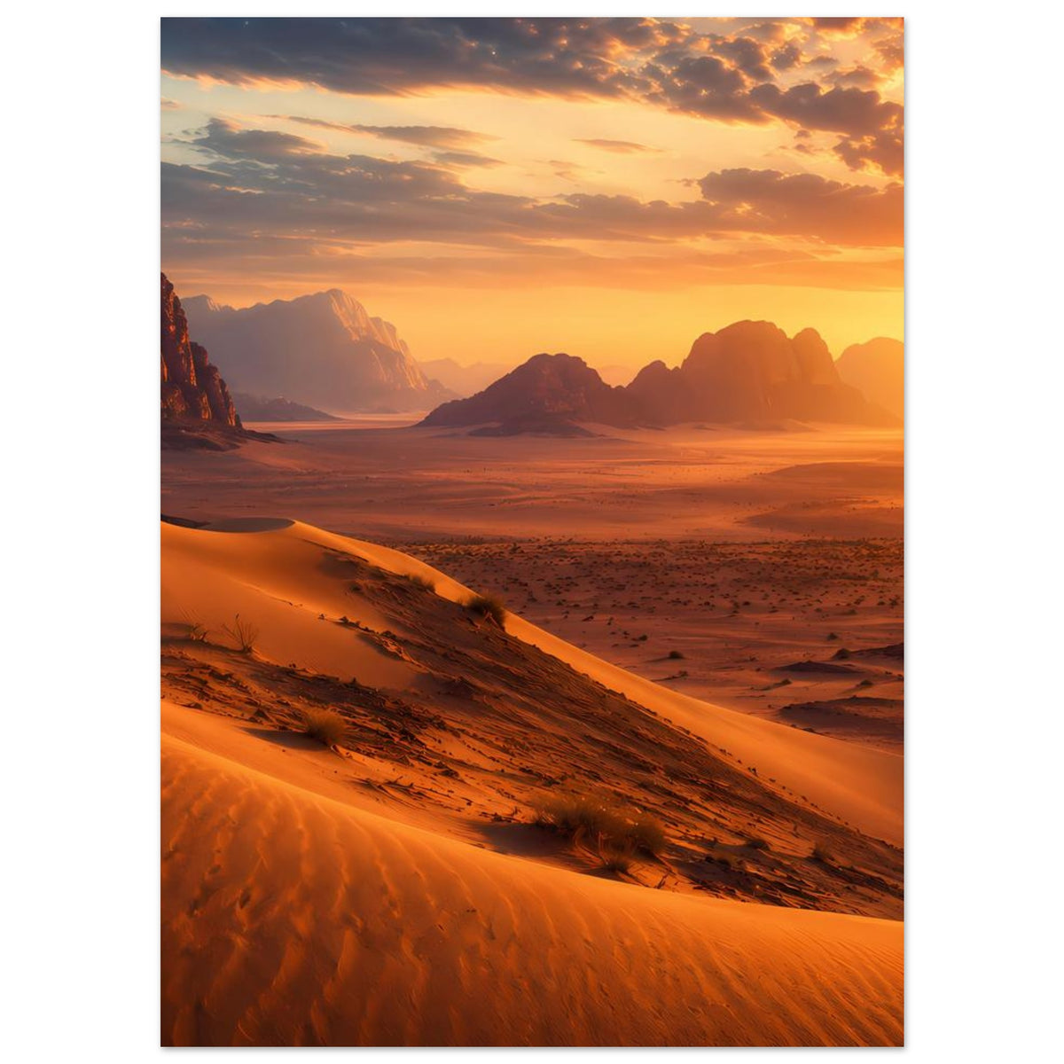 Wüstenlandschafts-Poster mit Dünenhang, Felsklippen und orange-goldenem Himmel