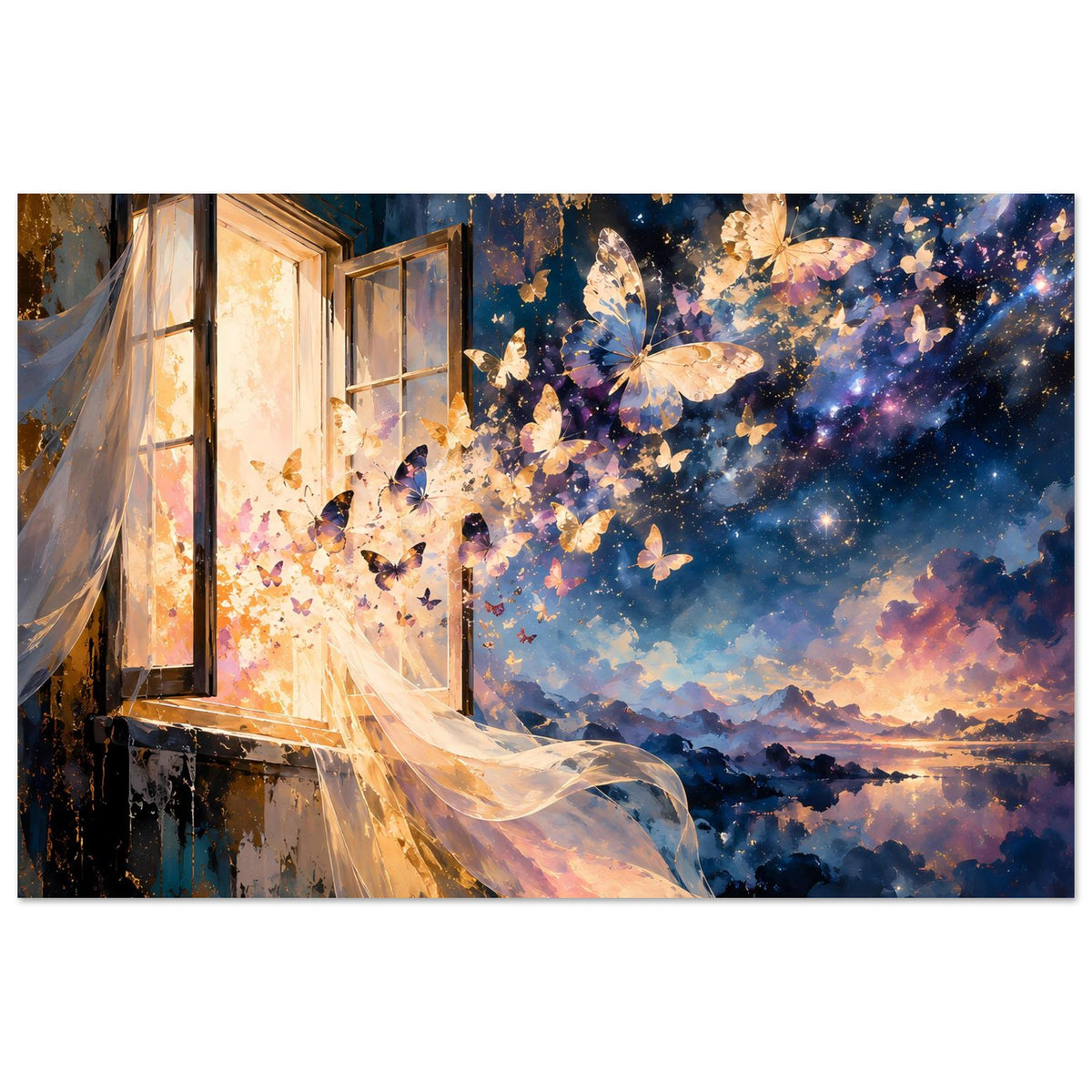 Kunstposter Panorama mit Schmetterlingen, sternklarem Himmel und Lichterpunkten