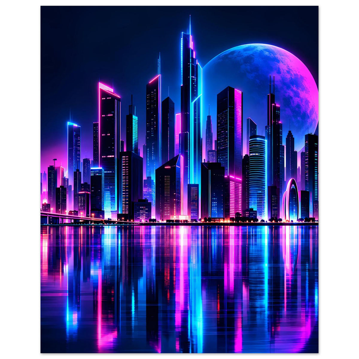 Vertikales Poster mit Neon-Skyline, blauem Mond und bunten Türmen, samt Spiegelung im Wasser