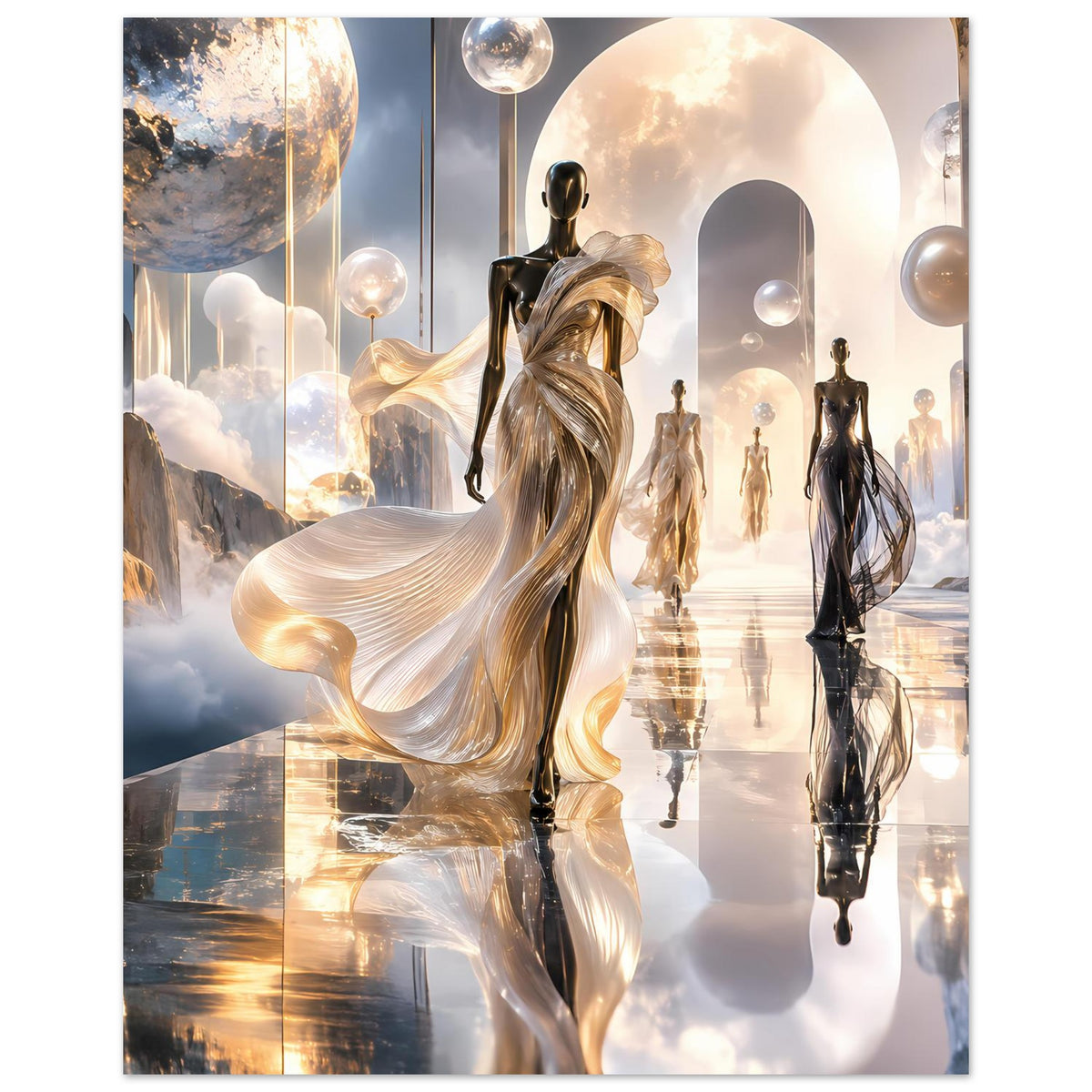 Ethereales Fashion-Poster mit goldener Frauengestalt und stehenden Silhouetten, Hochformat