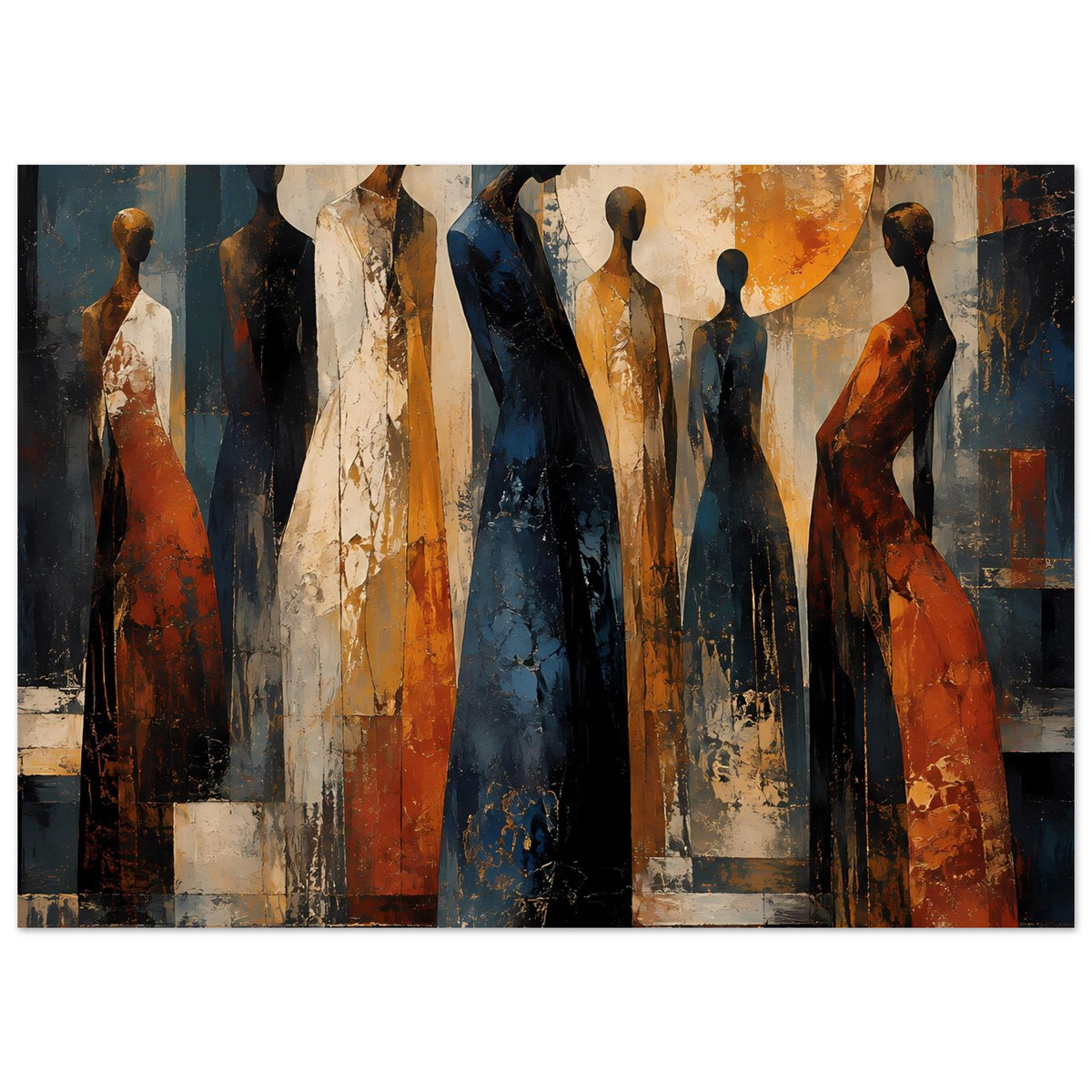 Kunstposter mit abstrakten Figuren in warmen Tönen, orange und dunkelblau, mehrere Gestalten