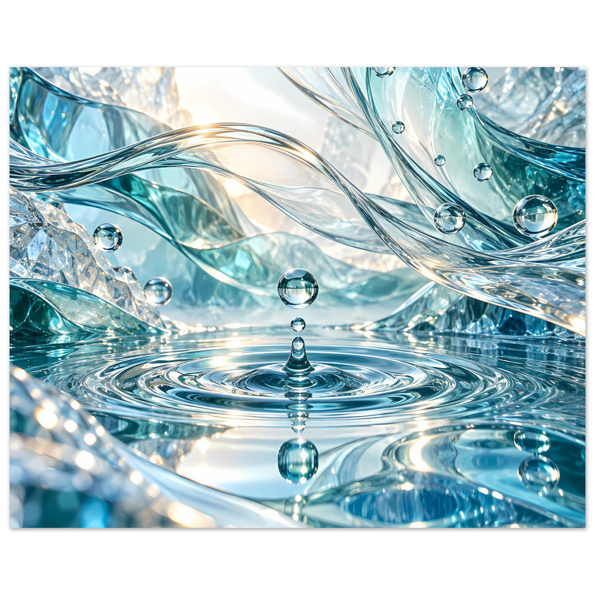 Glasartiges Wasserwelt-Poster: türkisfarbener Strudel mit kugelförmigen Wassertropfen, horizontal