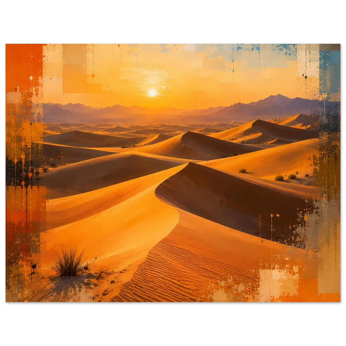 Wüstenlandschafts-Poster im Querformat mit warmen Sanddünen und aufgehender Sonne