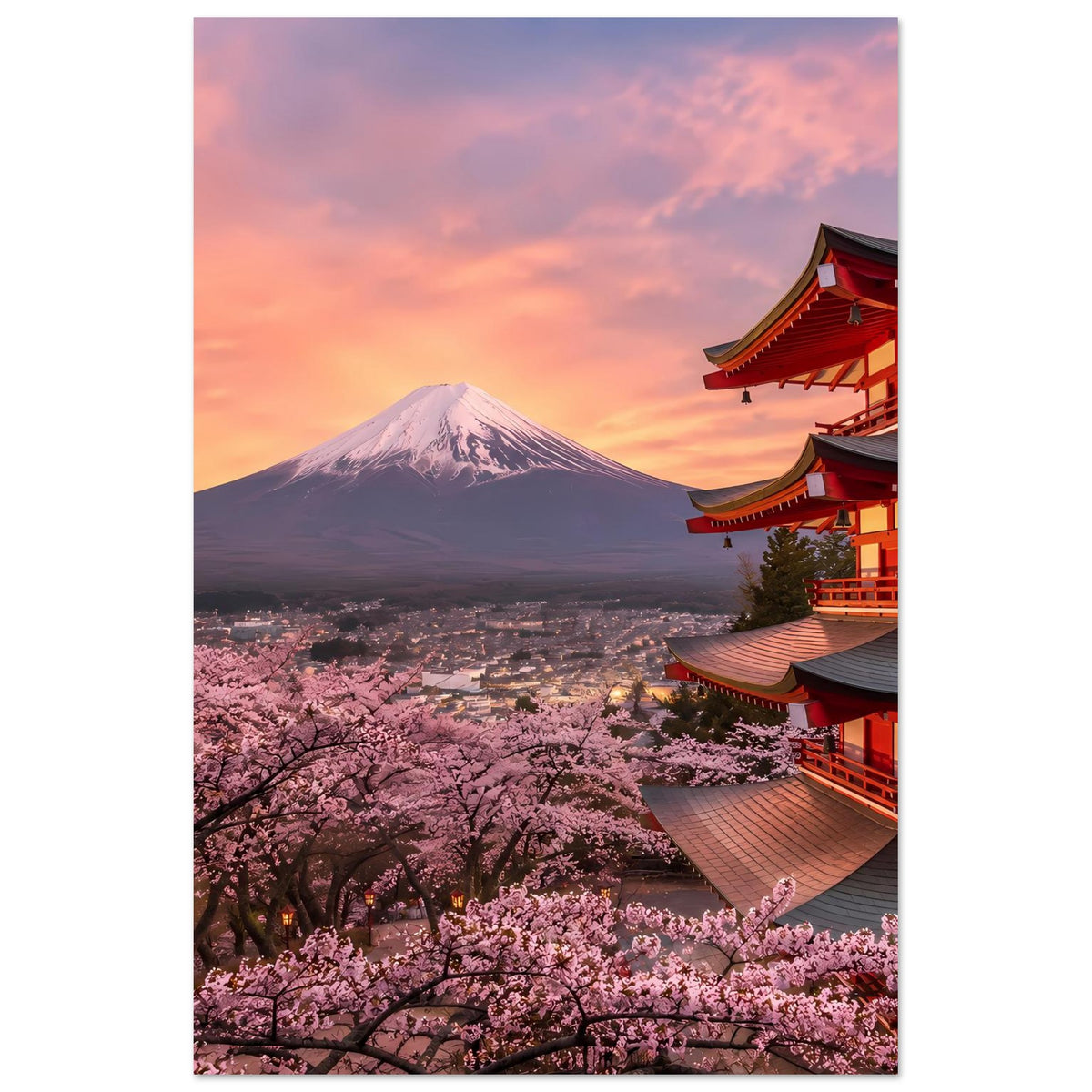 Poster mit Fuji-Berg, rosa Kirschblüten und rotem Pagodendach im Sonnenuntergang