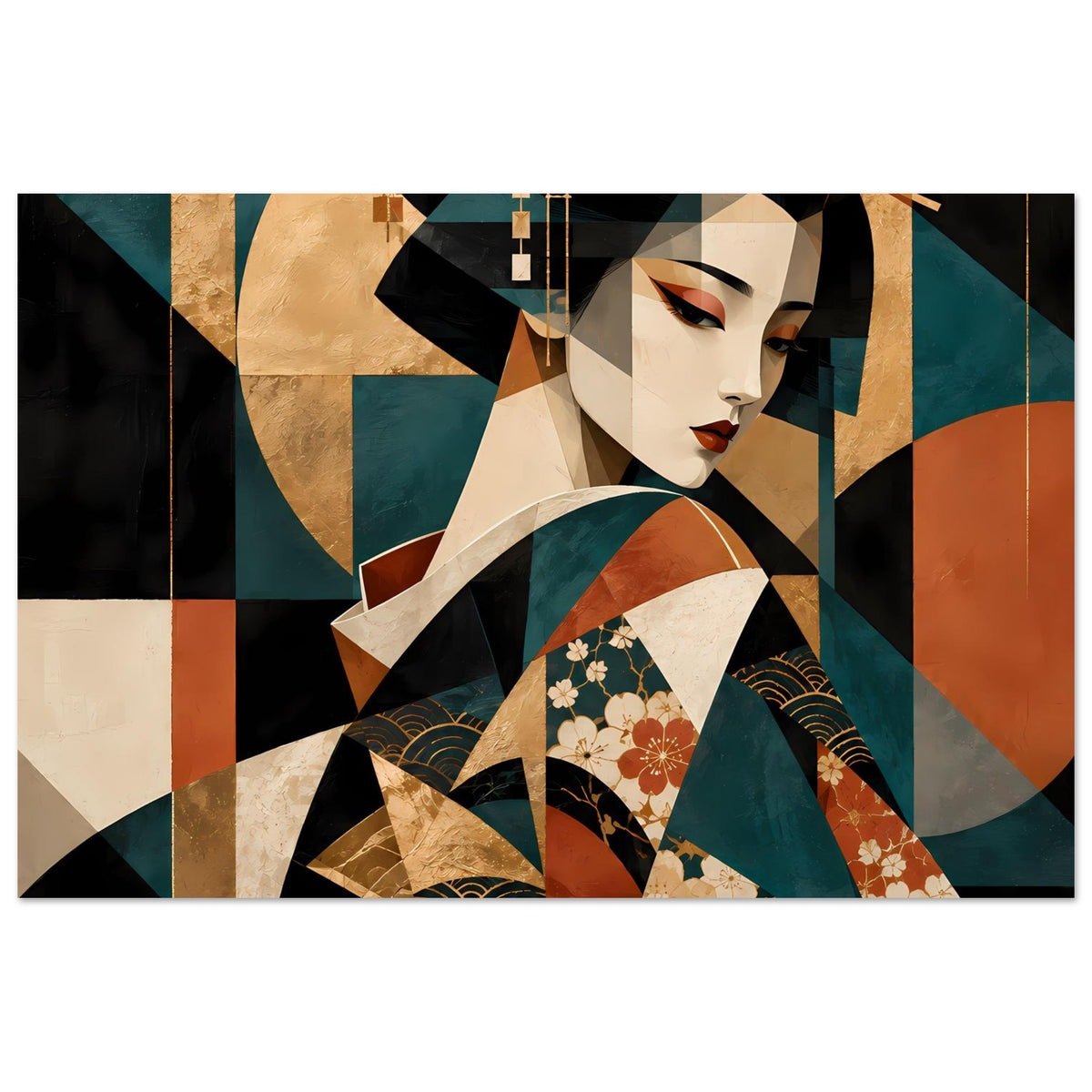 Geisha-Kunstposter im breiten Format: Kimono in Türkis und Rot mit goldenen Akzenten