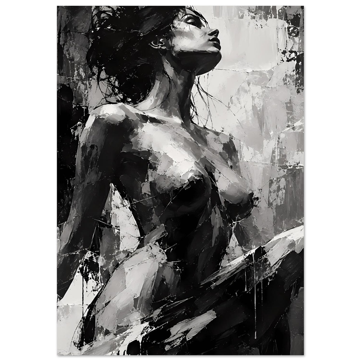Kunstposter: abstraktes Frauenporträt in Schwarzweiß, seitliche Halbfigur