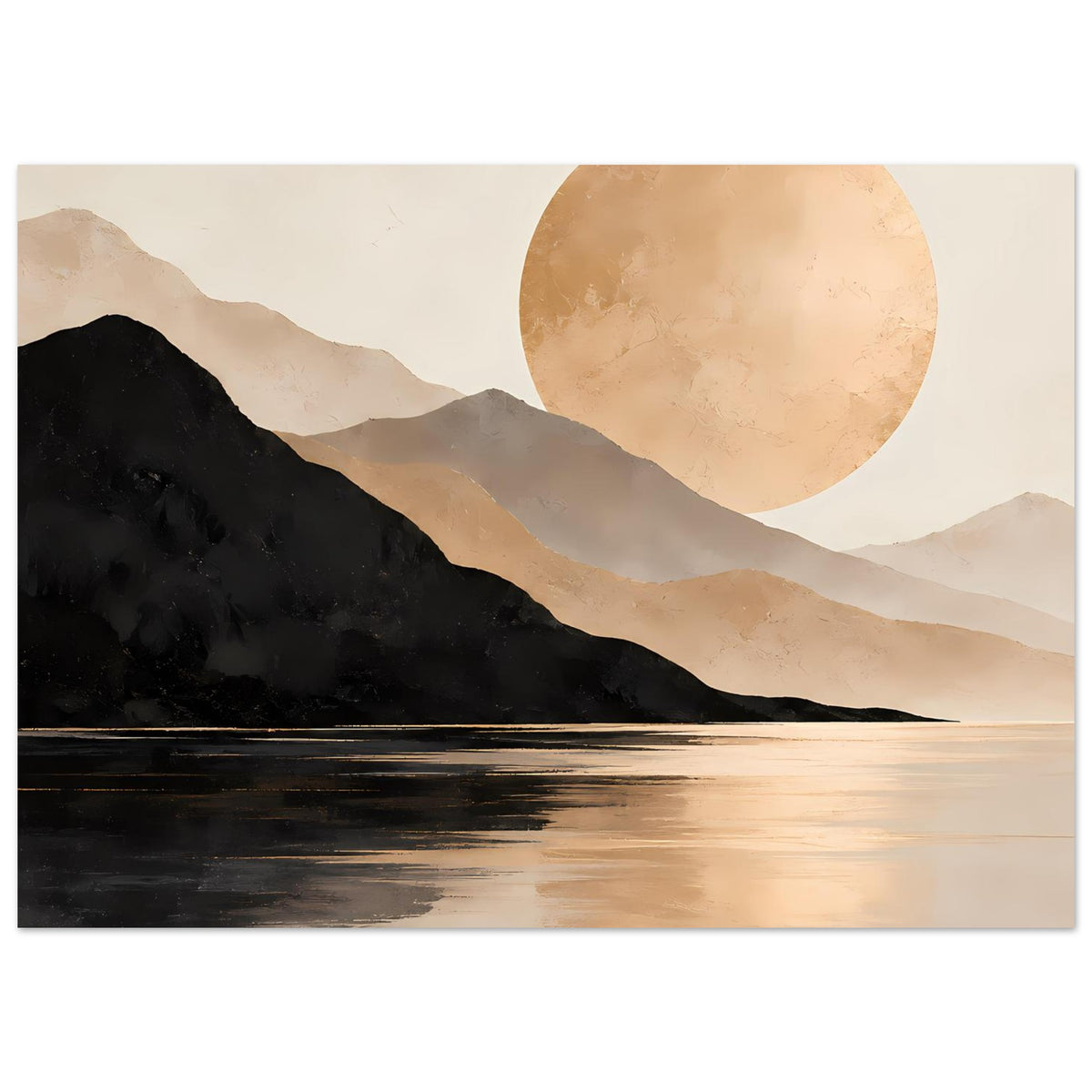 Horizontales Poster mit dunklen Bergen, See und runder goldener Sonne