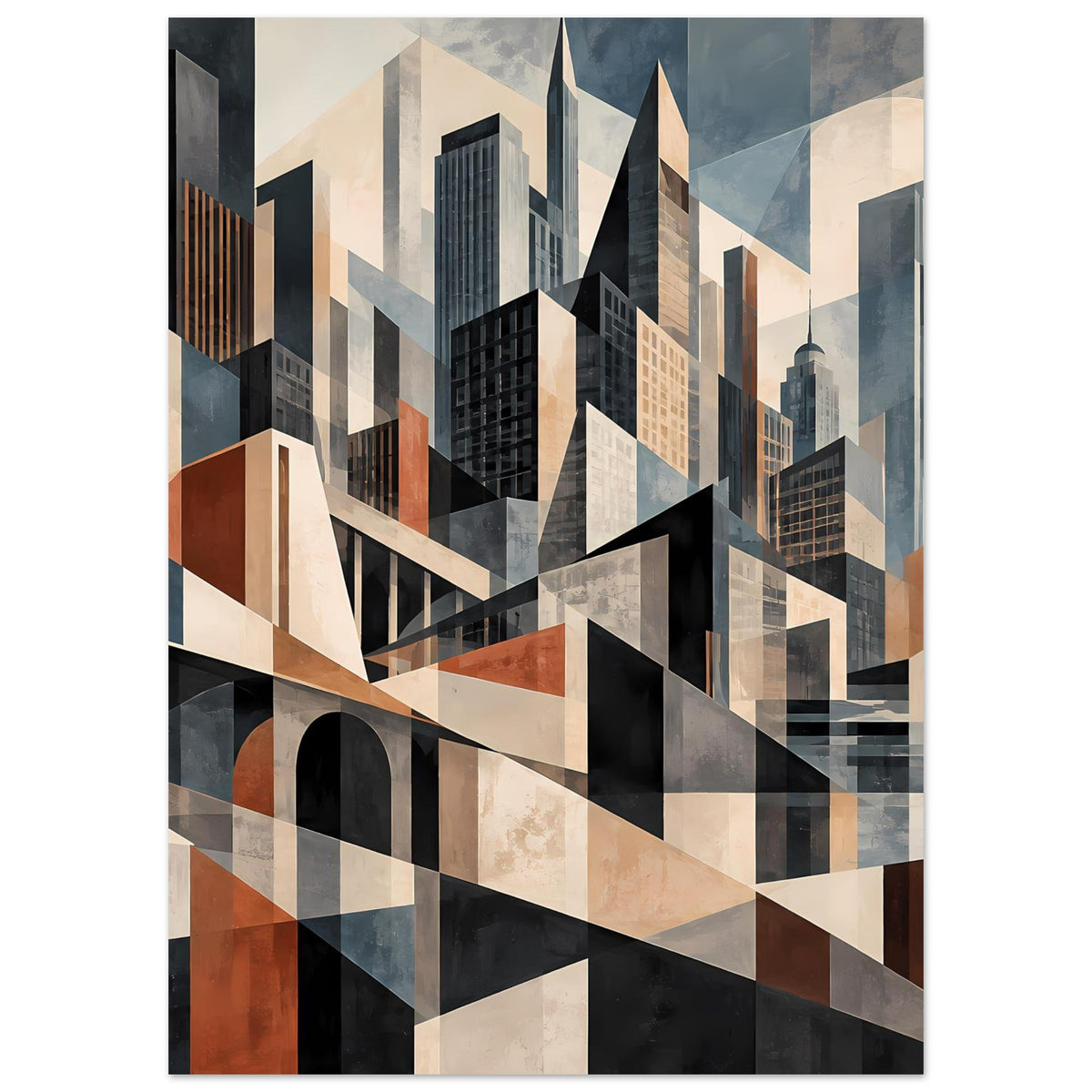 Architekturposter mit hoher Dichte an Wolkenkratzern, Brückenkonstruktion und Flächen in Blau- und Erdtönen