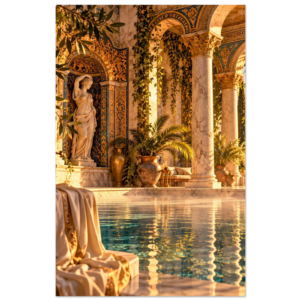 Mediterranes Poolposter mit goldenen Säulen und Statue am Wasserbecken, vertikal