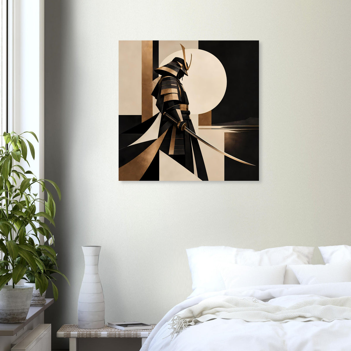 Kunstposter mit Samurai-Silhouette, Gold- und Schwarzmuster mit großem Kreis im Hintergrund