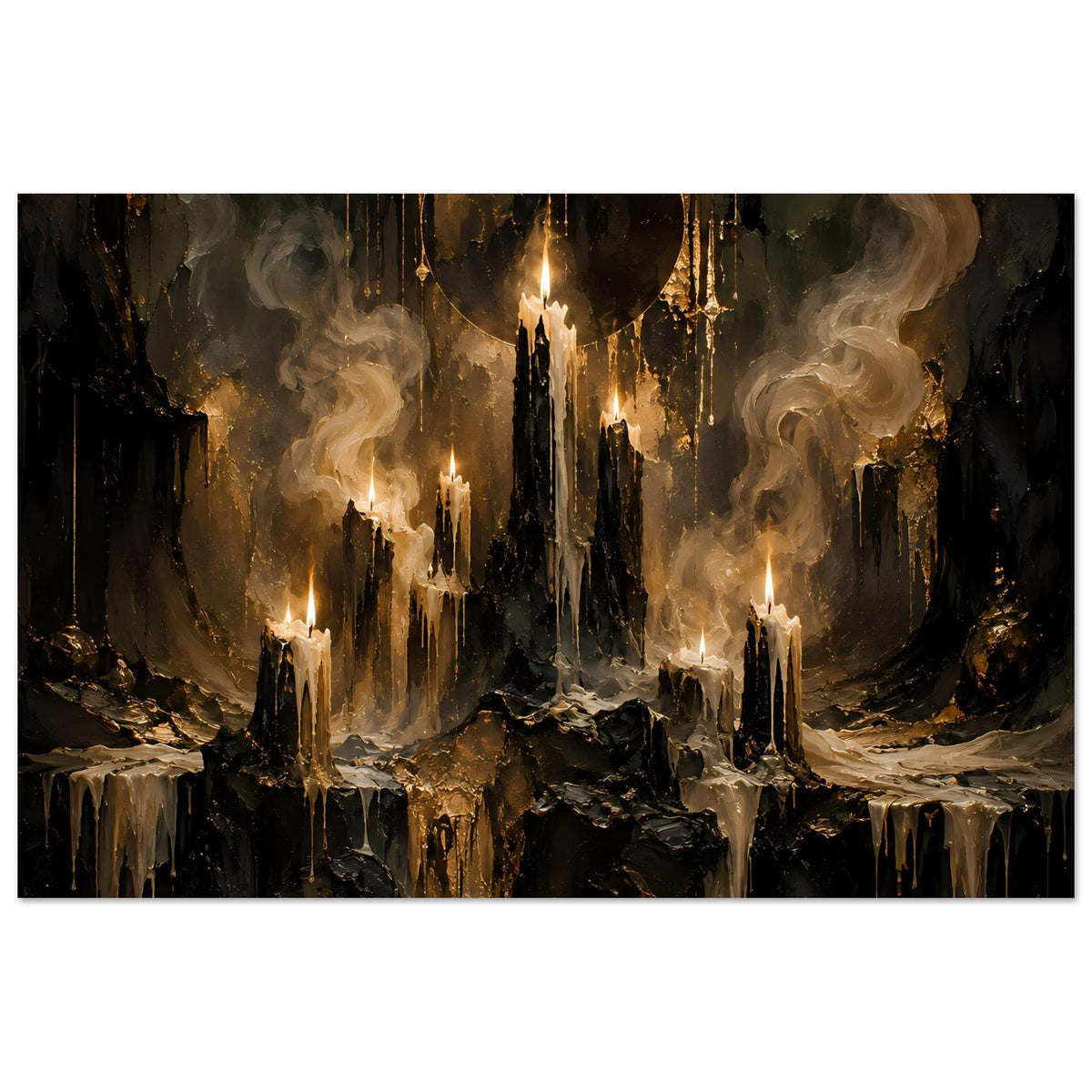 Fantasy-Poster im Querformat: Kerzenlicht zwischen dunklen Säulen, goldene Tropfen und Rauch