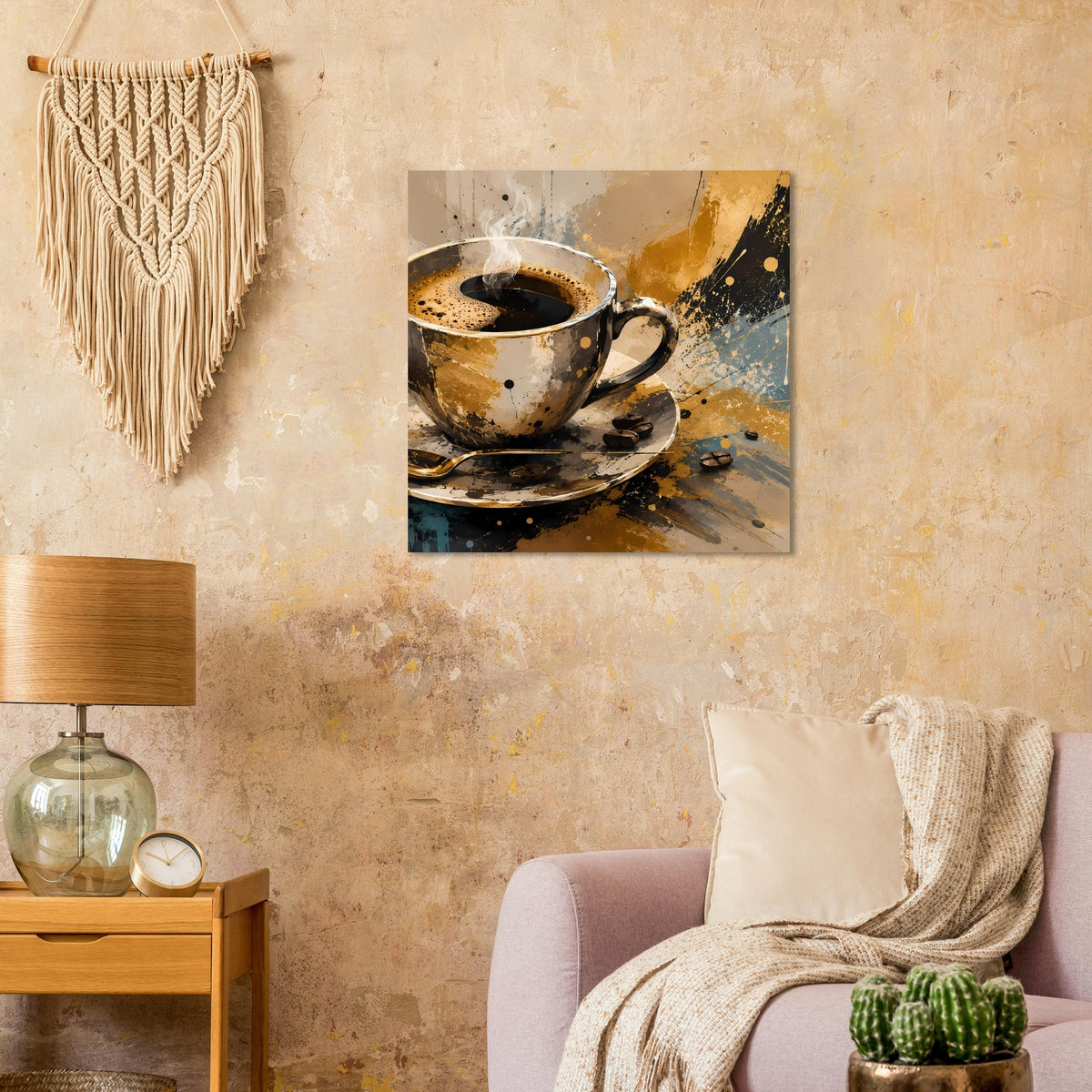 Kunstposter mit Kaffeetasse und Untertasse, abstrakte Farbspritzer in Gold und Dunkelbraun
