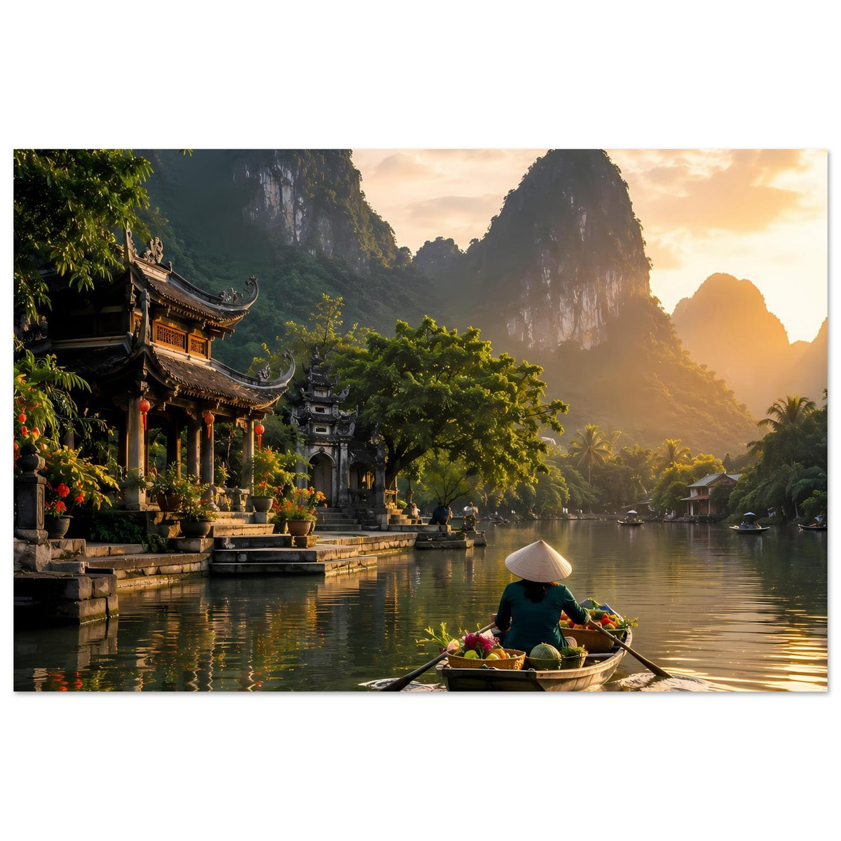Kunstposter, Blick auf Fluss und Pagodenpromenade mit Boot bei Abendlicht