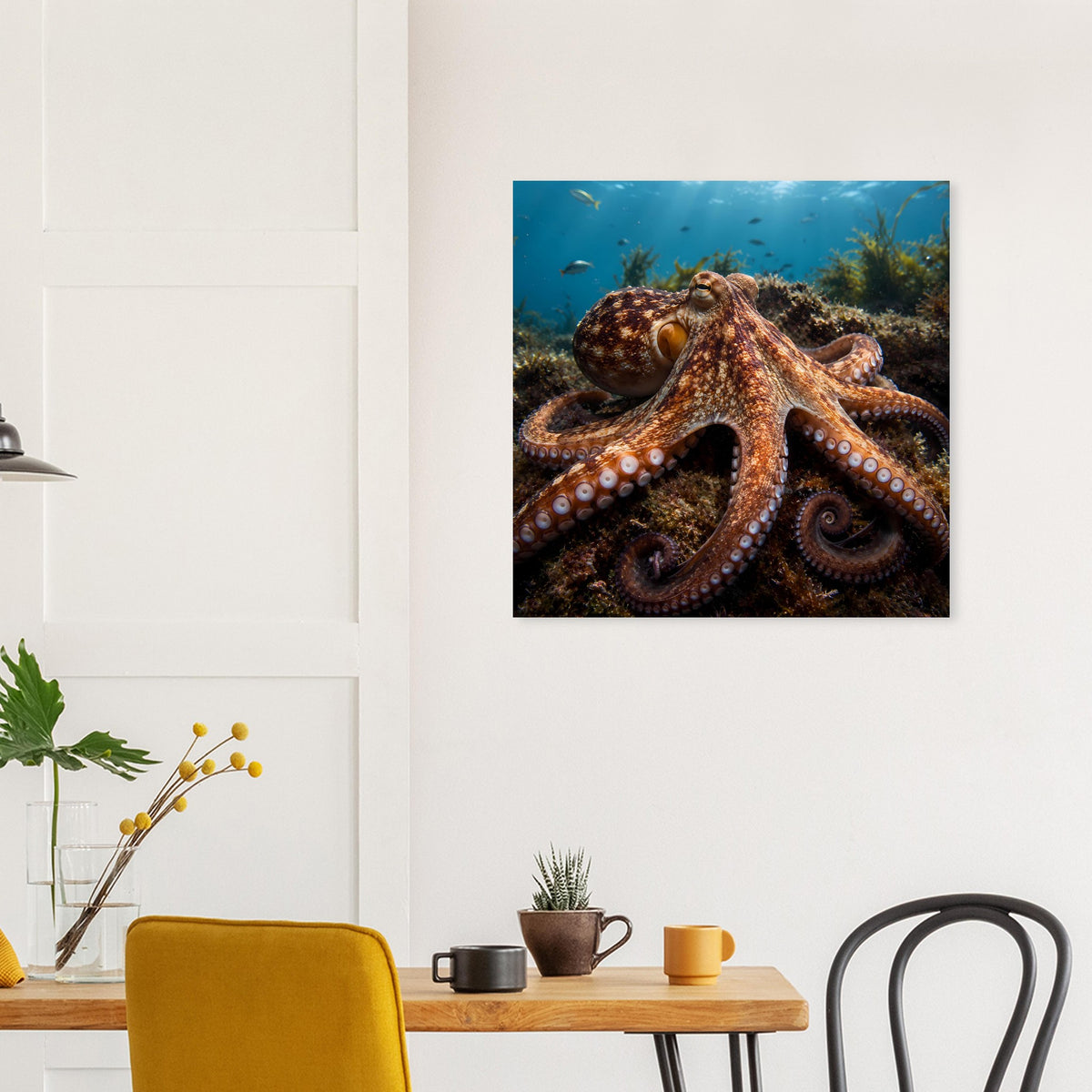 Oktopus-Unterwasserposter mit braunem Oktopus und blauem Wasserhintergrund