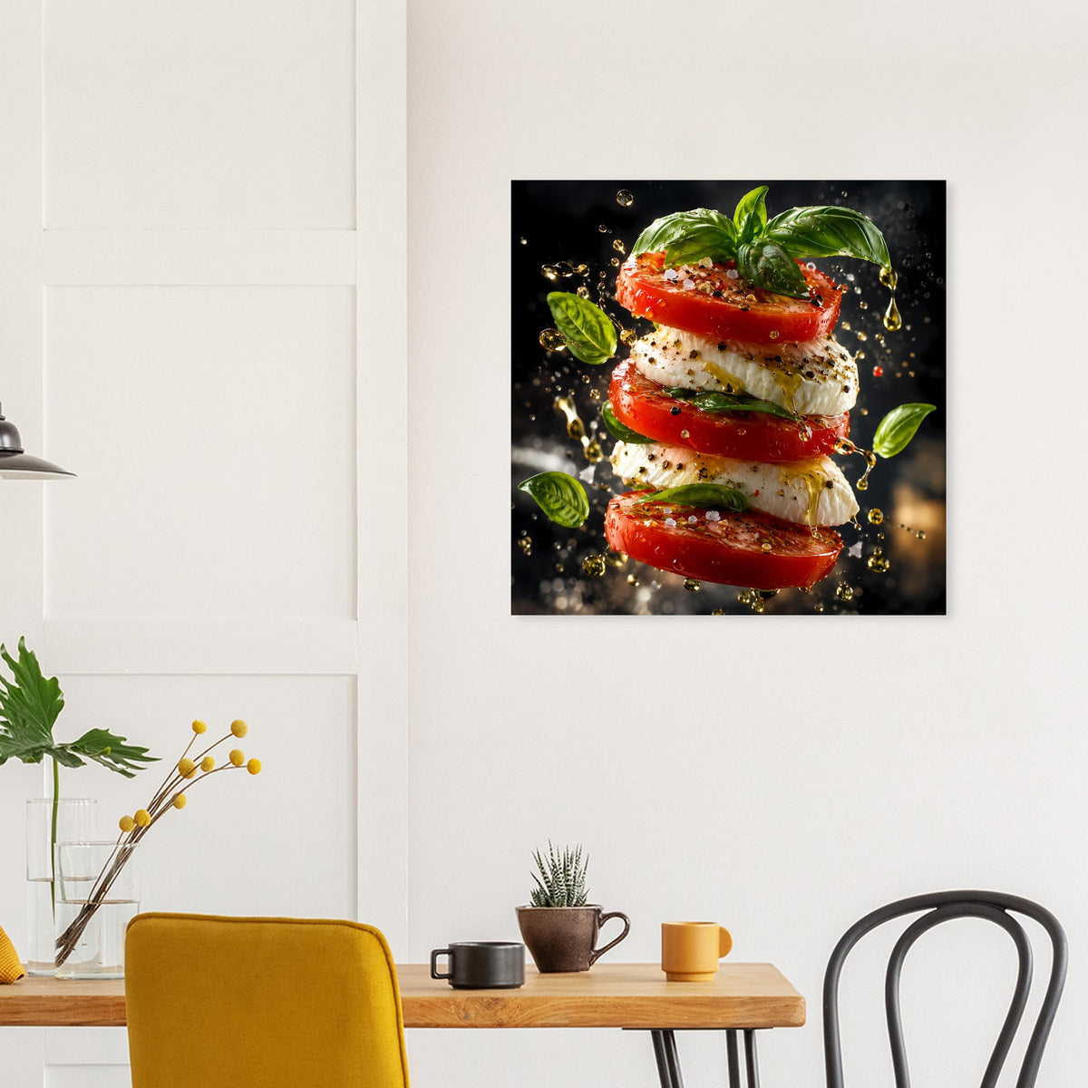 Küchenposter mit gestapelten Tomaten, Mozzarella und Basilikum, mittig im Bild