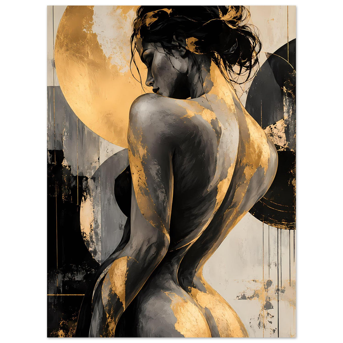 Abstraktes Poster mit Akt-Figur in Schwarz-Gold, Rückenansicht, goldene Akzente im Motiv
