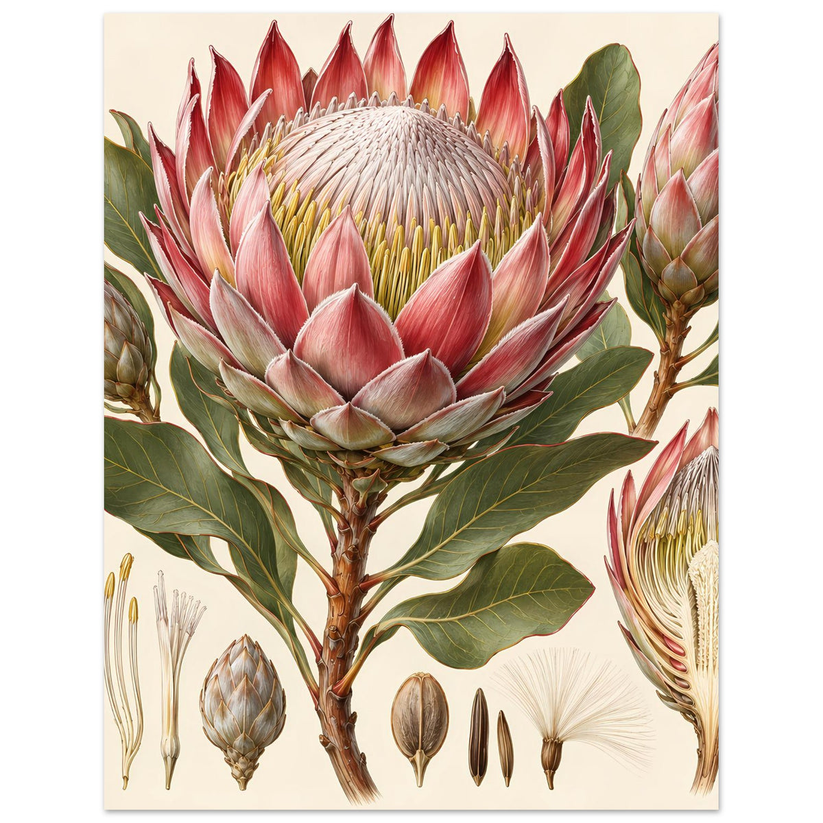 Poster mit Protea-Blütenillustration und Detailansichten einzelner Blüten, auf mattem Papier