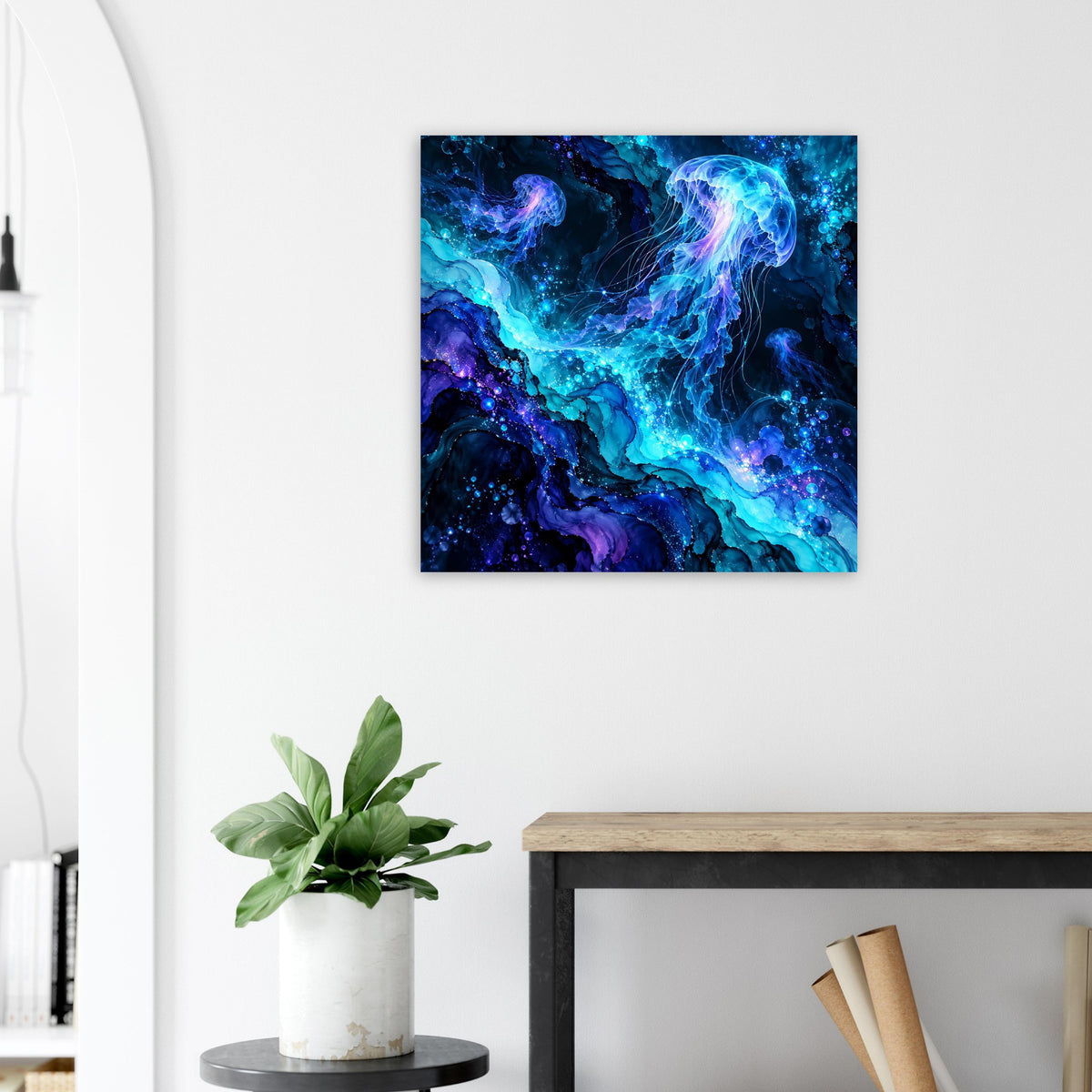 Leuchtendes Quallen-Poster mit blau-violettem Schimmer im Unterwasserdesign, quadratisch