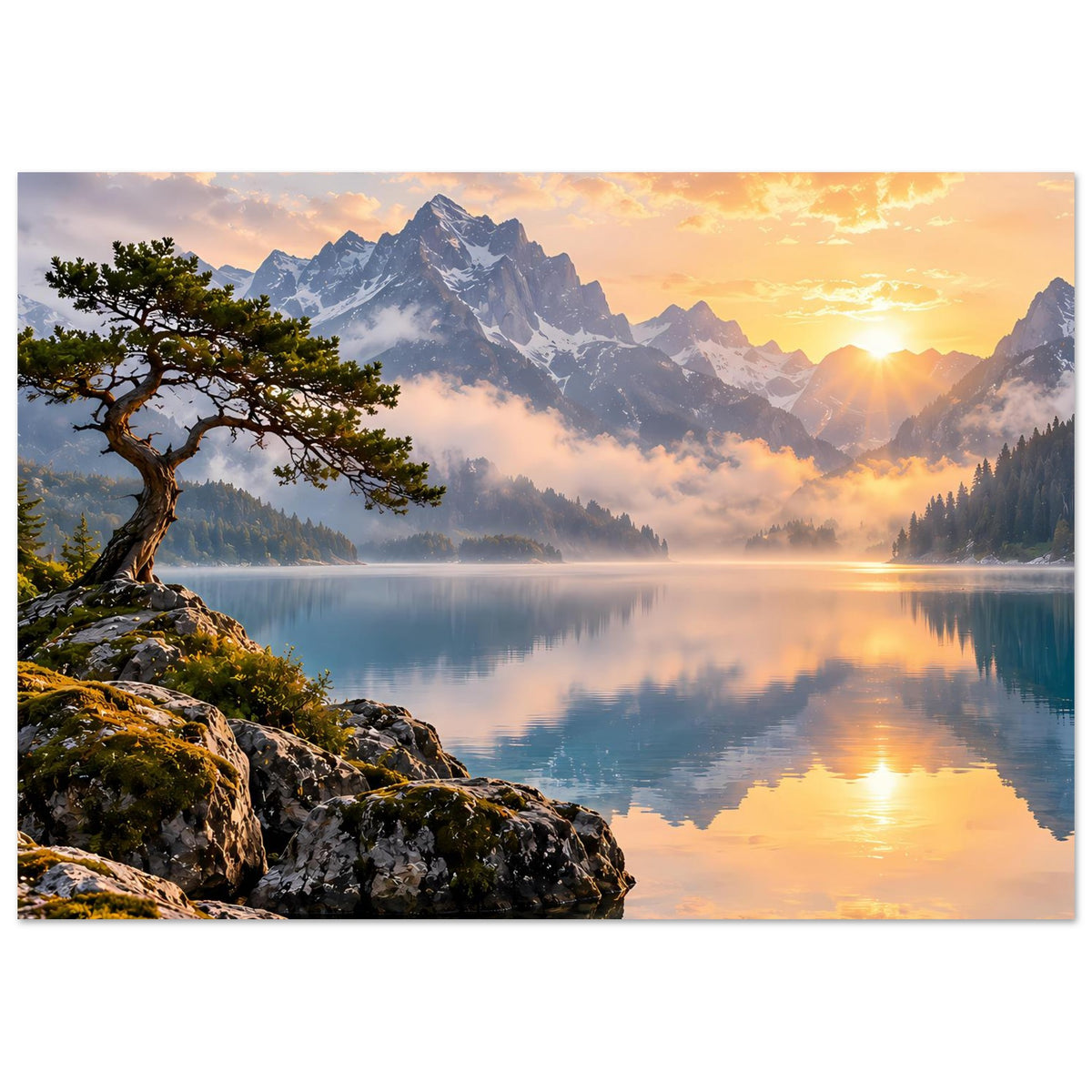 Querformat-Wandposter mit Sonnenaufgang, Bergen im Hintergrund, See und Baum am Felsufer