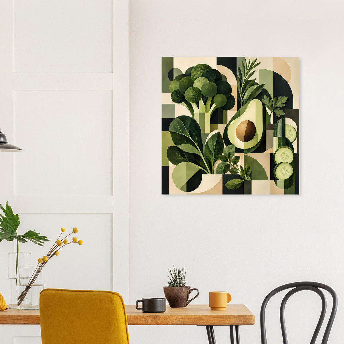 Geometrisches Pflanzenposter mit grünen Blättern, Kreisformen und Avocado