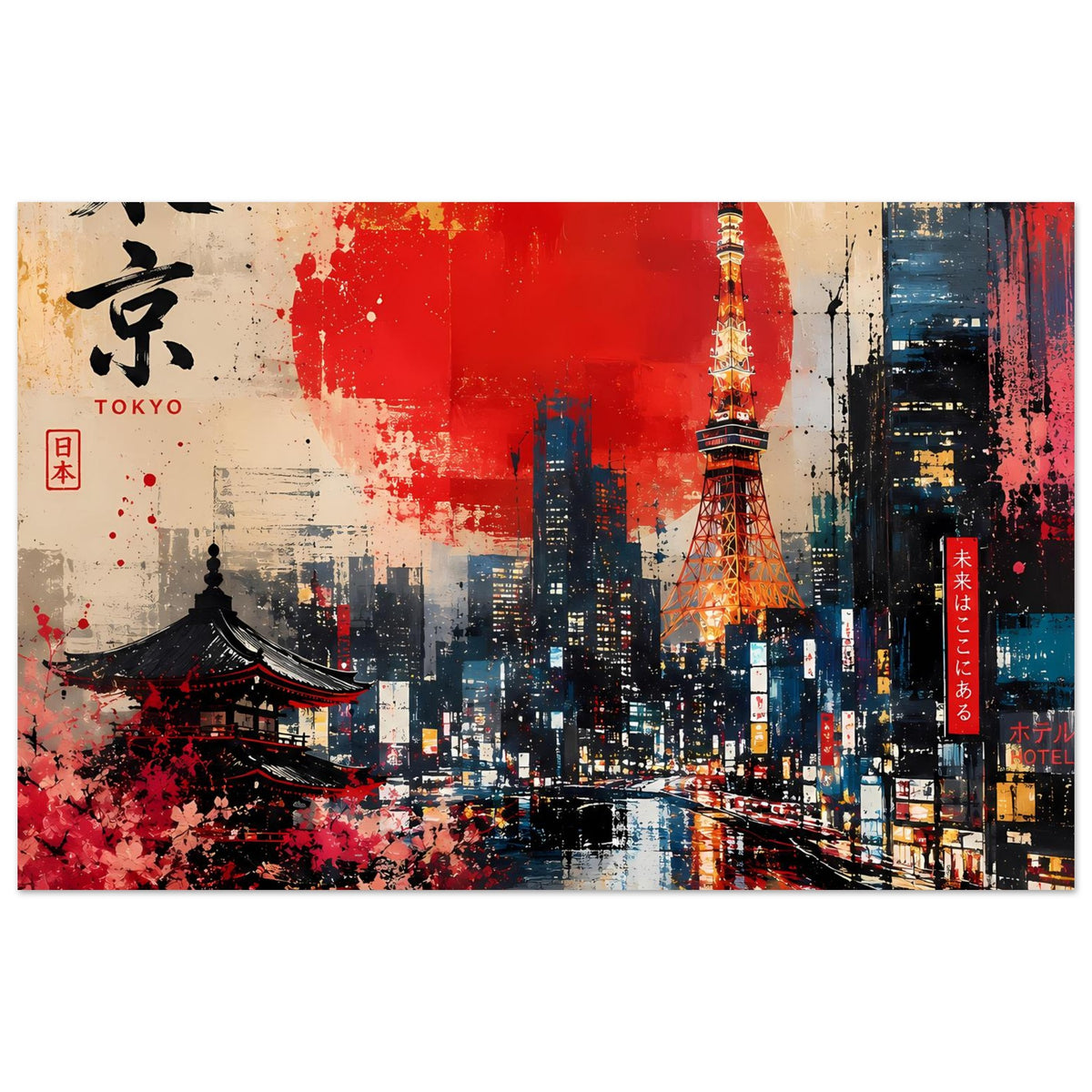 Abstraktes Poster mit rotem Sonnenmotiv, Tokyo Tower, Stadtlichtern und Pagode