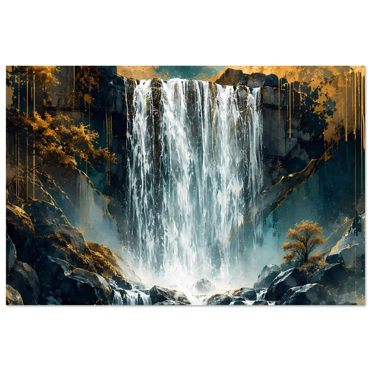 Wasserfall-Poster Panorama, türkis-weißes Wasserfallmotiv zwischen Felsen und Bäumen