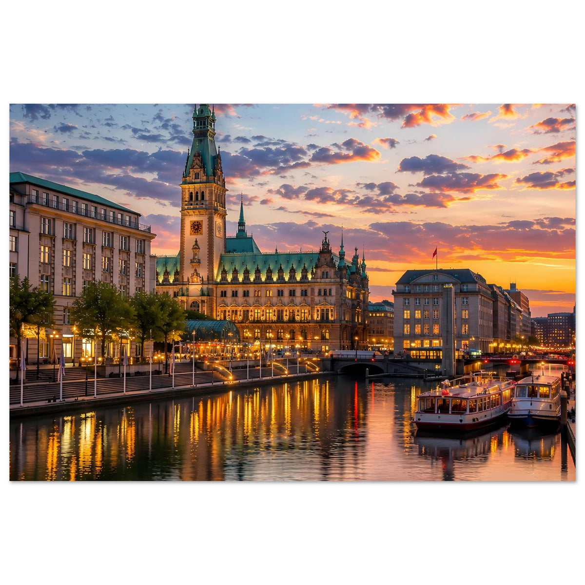 Stadtlandschafts-Poster im Querformat mit beleuchtetem Dom und Schiff am Fluss