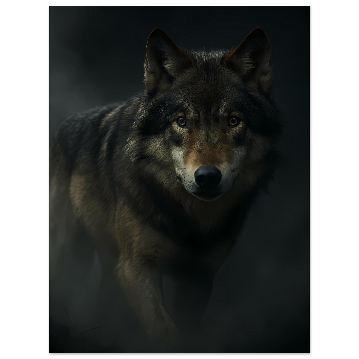 Wolfsgesicht-Porträtposter mit grauschwarzem Fell und gelblichen Augen, dunkler Farbverlauf