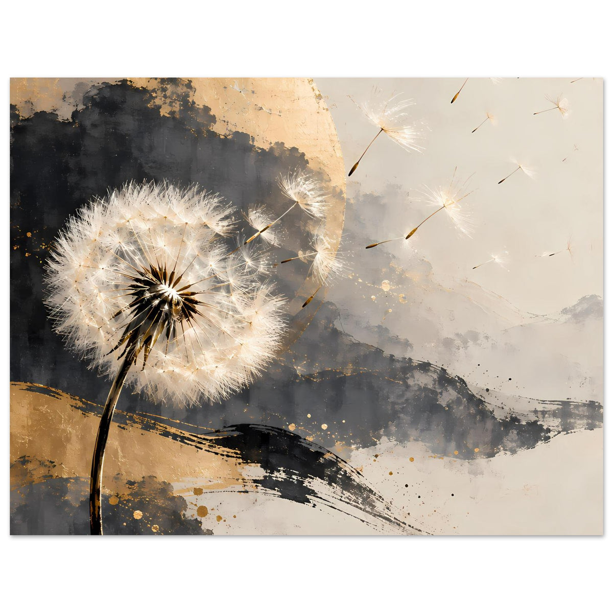 Kunstposter mit Pusteblume und Samenflug, gold-grau gestreifte Akzente, abstrakte Flecken
