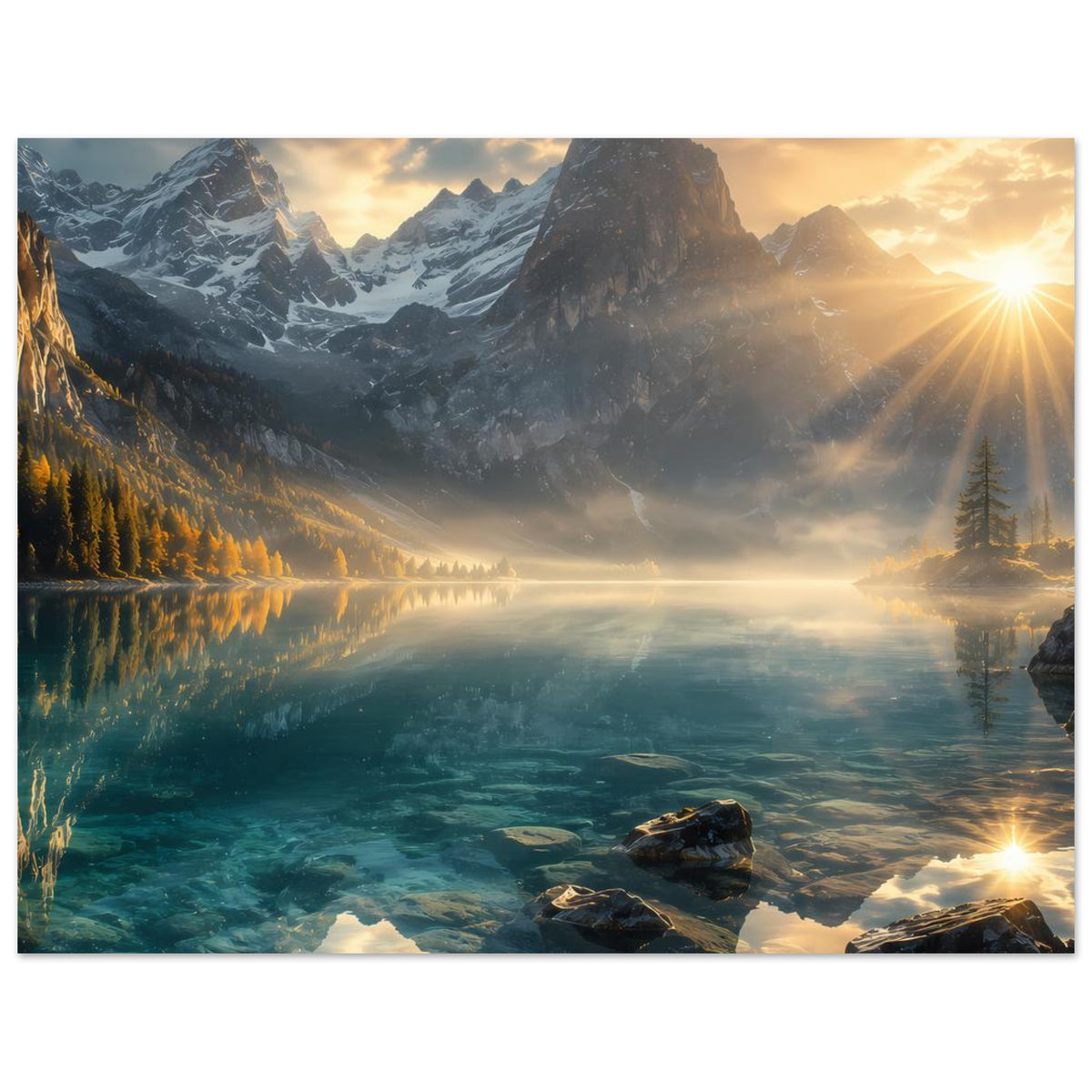 Querformat-Poster mit Bergsee, goldener Himmel und Sonnenstrahlen, Felsen am Ufer