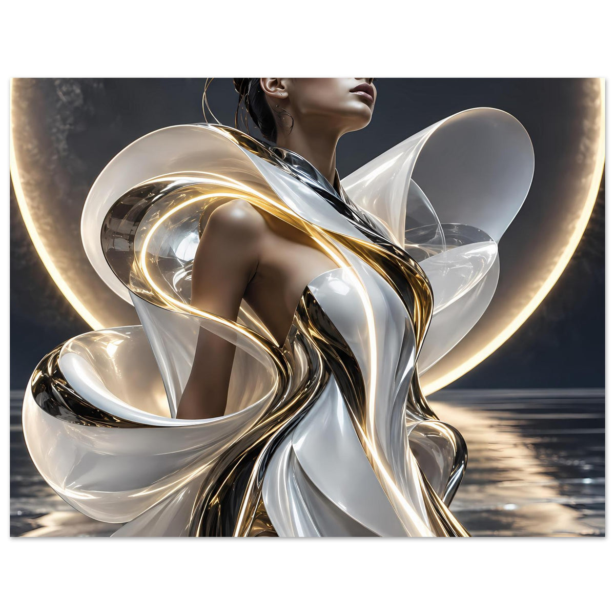 Abstraktes Poster mit silbernen und goldenen Metallwirbeln, Frauenfigur und Schleierform