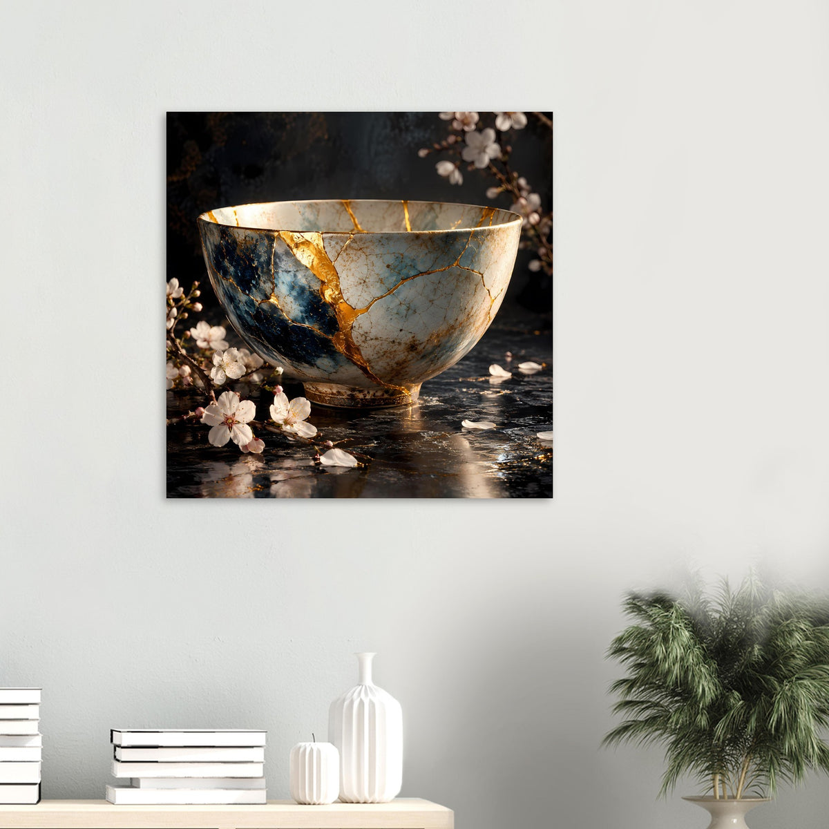 Kunstposter im Querformat: Kintsugi-Schale mit goldenen Rissen und weißen Blüten im Bild