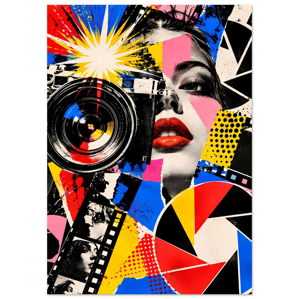 Pop-Art-Fotografie-Poster im Hochformat mit Kamera-Linse, Frauengesicht und Kontrastflächen